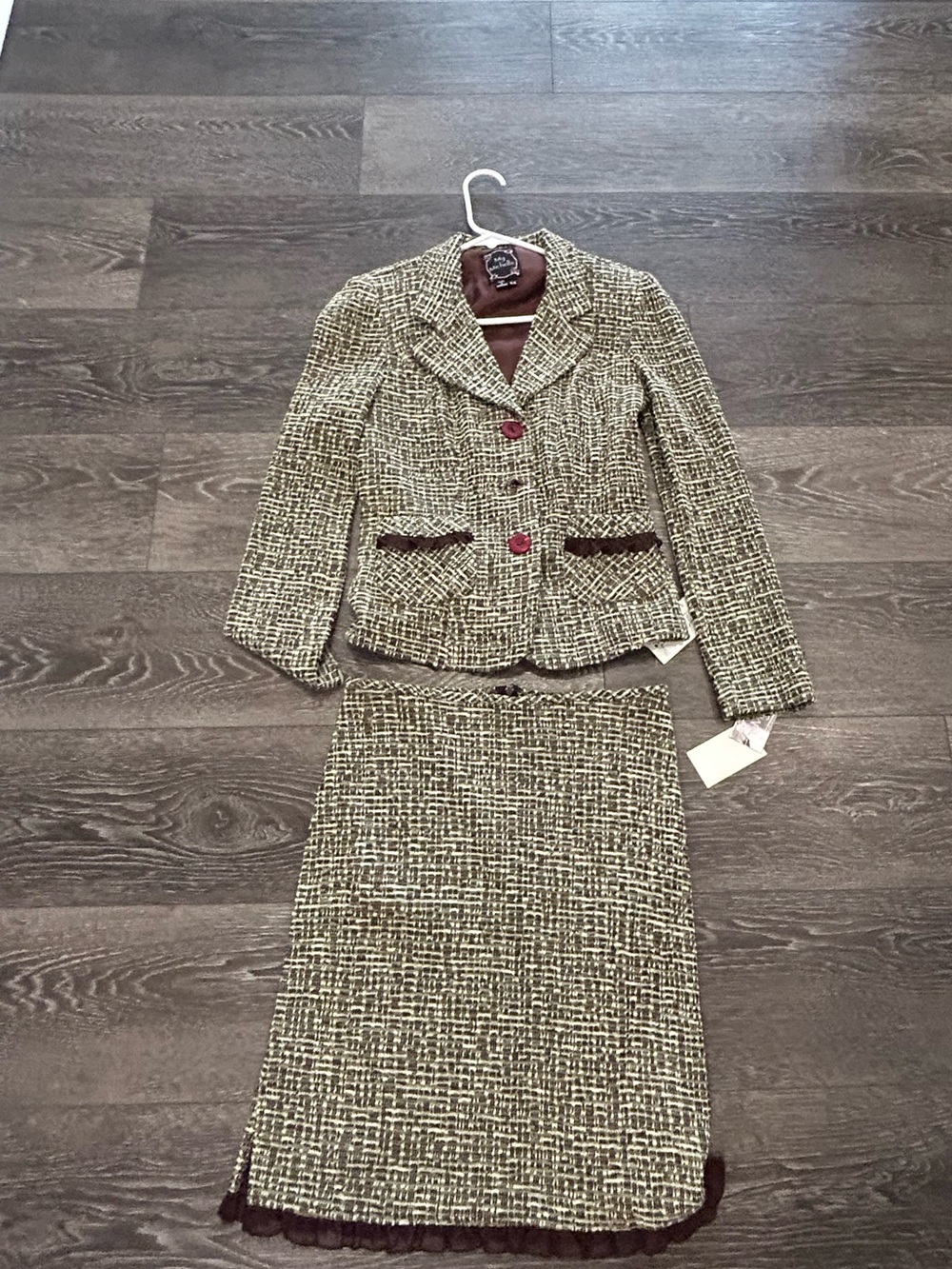 My Michelle Cream and Brown Tweed Blazer & Skirt Set